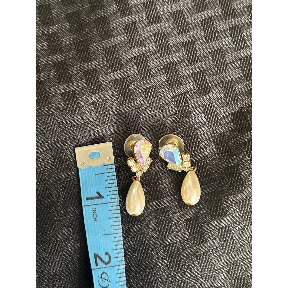 Vintage Aurora Borealis Rhinestone Faux Pearl Drop Dangle Pierced Earrings